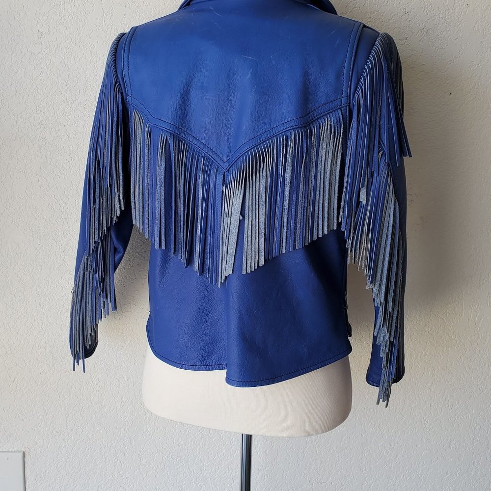 Leather Fringe Jacket Handmade Urban Cowboy Biker Lace Front - Picture 7 of 10